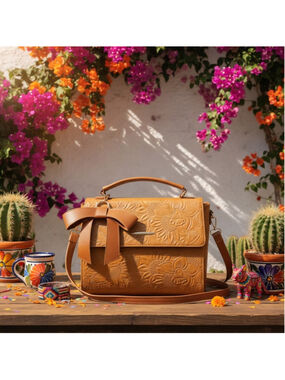 Caramel Brown Bow Embossed Tooled Artisan LEATHER Cross Body Messenger Bag Purse